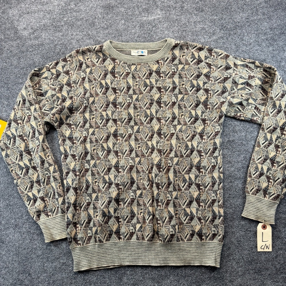 Vintage Tricots St Raphael Sweater Men Large Brown Tribal Print Tight Knit Retro